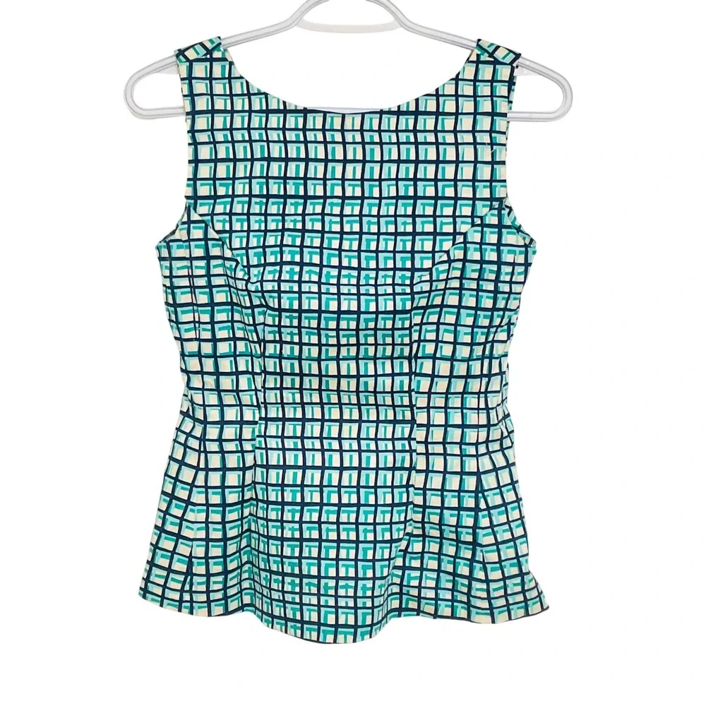 Kate Spade NY Tatiana Blue Green Peplum Check Top Shirt Blouse S cotton preppy